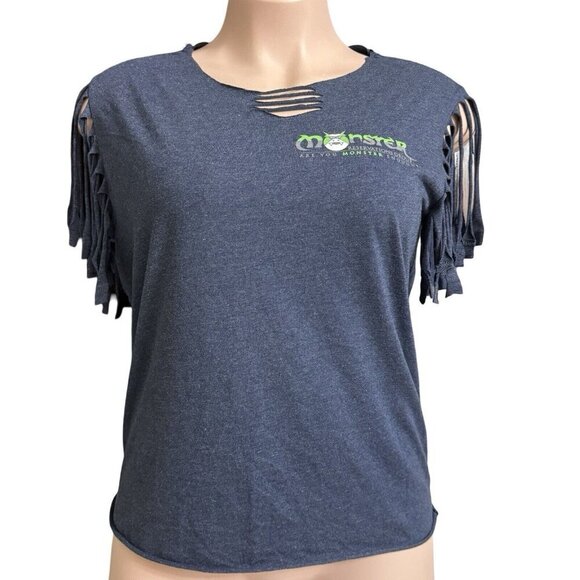 MONSTER RESERVATIONS‎ Fabric Fringe-Cut Top Tee Large Blue/Gray Shredded Back - Picture 1 of 15